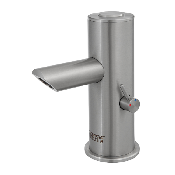 Edelstahl - Waschtischarmatur mit Piezo-Taster mit Anschluss an Kalt und Warmwasser, Temperaturregulierung über integrierten Mischer, 6 V