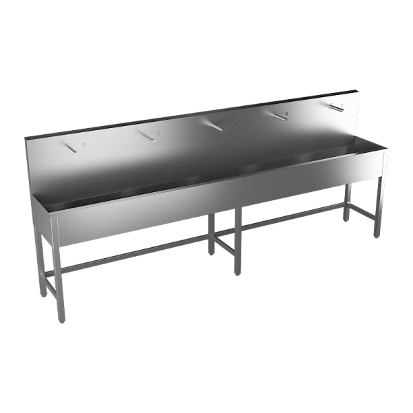 Edelstahl – Waschrinne, bodenstehend, mit 5 integrierten Piezo Handwaschplätzen, Länge 3000 mm, 24 V DC