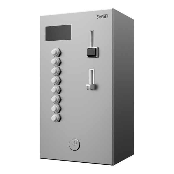 Münz und Zeitsteuerung für zwei bis acht einphasige Geräte 230 V, von den Nutzern gewählt, 24 V DC